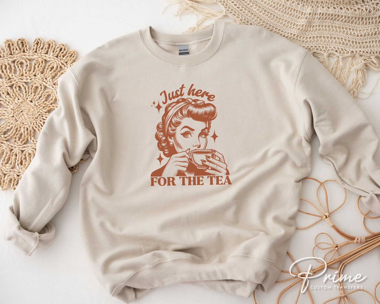 Just Here for The Tea DTF Transfers, Ready to Press, T-shirt Transfers, Heat Transfer, Direct to Film, Funny, Trendy, Retro Housewife