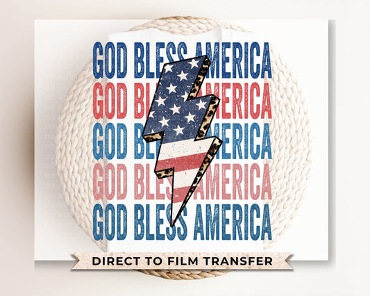 4th of July DTF Transfers, Ready to Press, T-shirt Transfers, Heat Transfer, Direct to Film, God Bless America Stacked, Cheetah Lightning