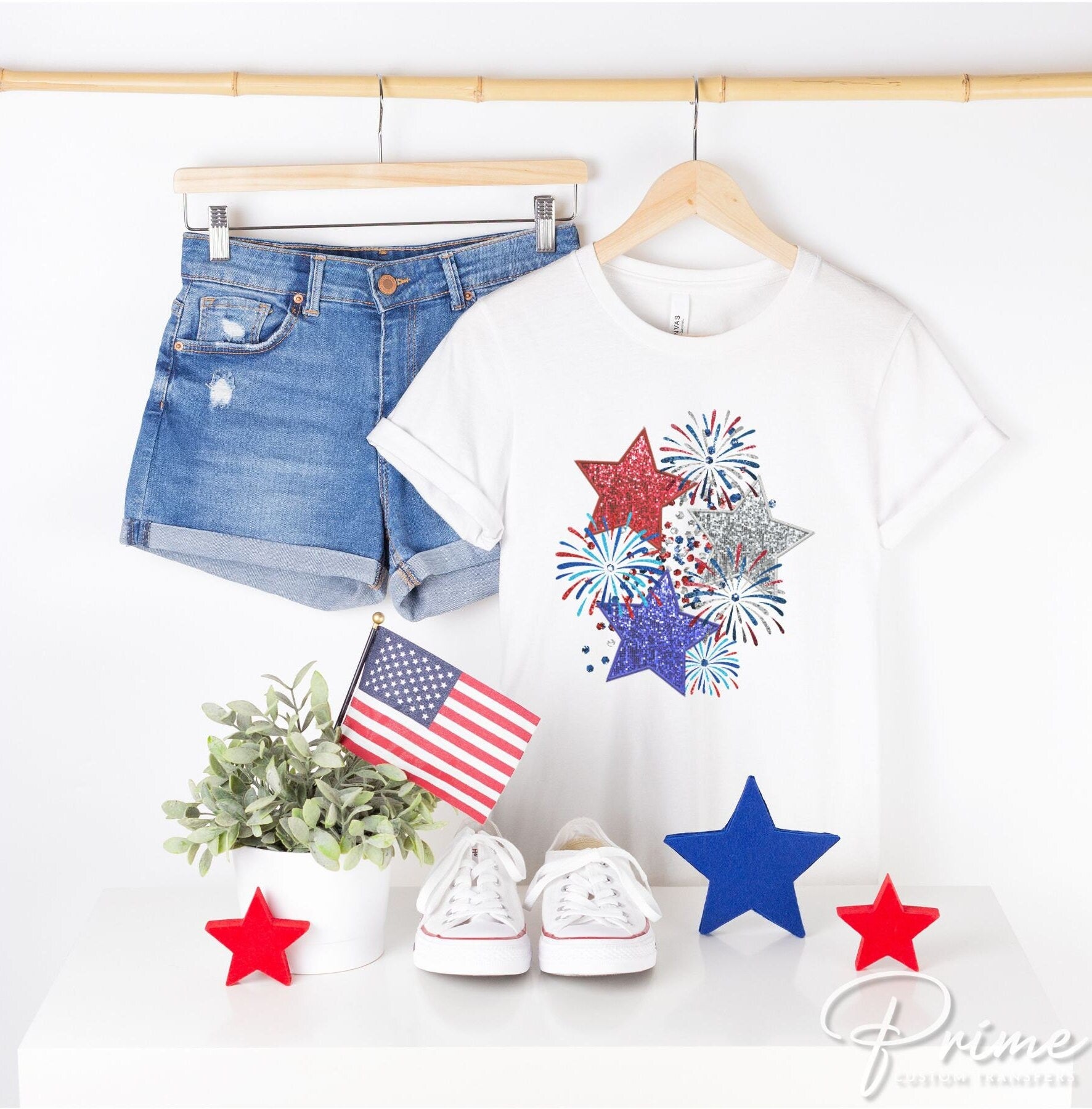 4th of July DTF Transfers, Ready to Press, T-shirt Transfers, Heat Transfer, Direct to Film, USA, Holiday, Stars, Sparkly, Faux Glitter