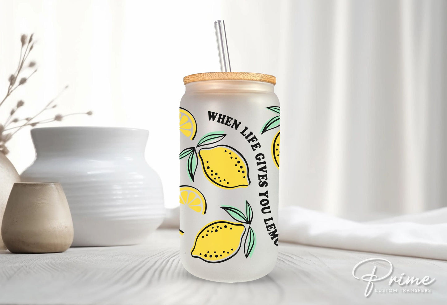 UV DTF 16oz Libbey Cup Wrap Sticker, Ready To Apply, Direct to Film, Wrap, Summer, Glass Can, Permanent, Zest, When Life Gives You Lemons
