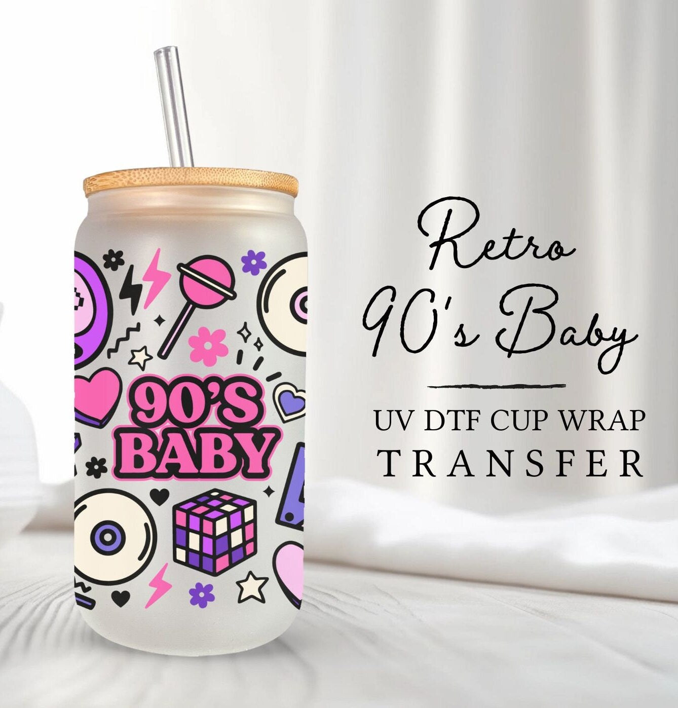 UV DTF 16oz Libbey Cup Wrap Sticker, Ready To Apply, Direct to Film, Glass Can, Permanent, Waterproof, Throwback, Groovy, Retro, 90's Baby