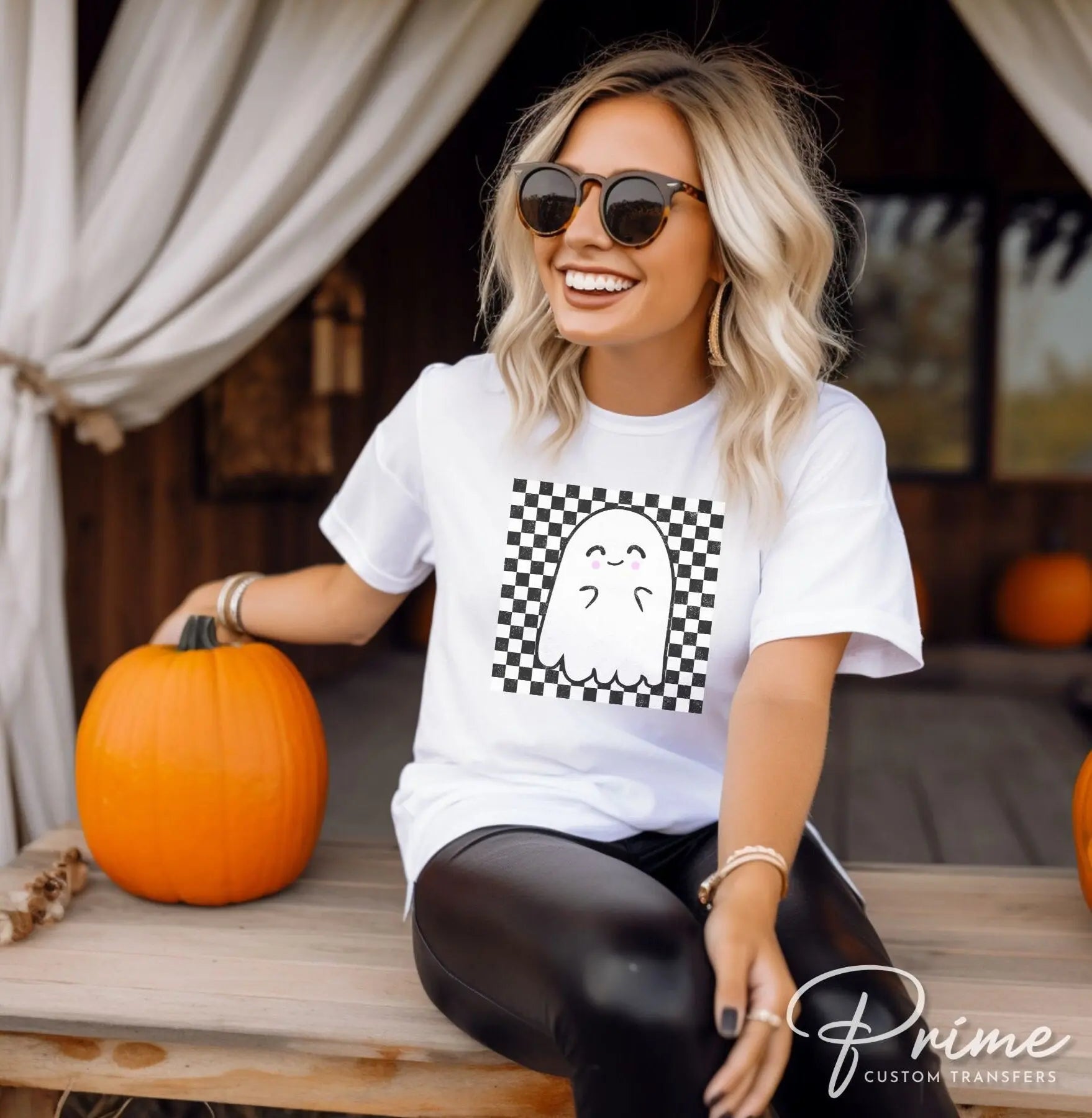 Halloween DTF Transfers, Ready to Press, T-shirt Transfers, Heat Transfer, Direct to Film, Fall, Autumn, Cute Trendy, Checkered Ghost