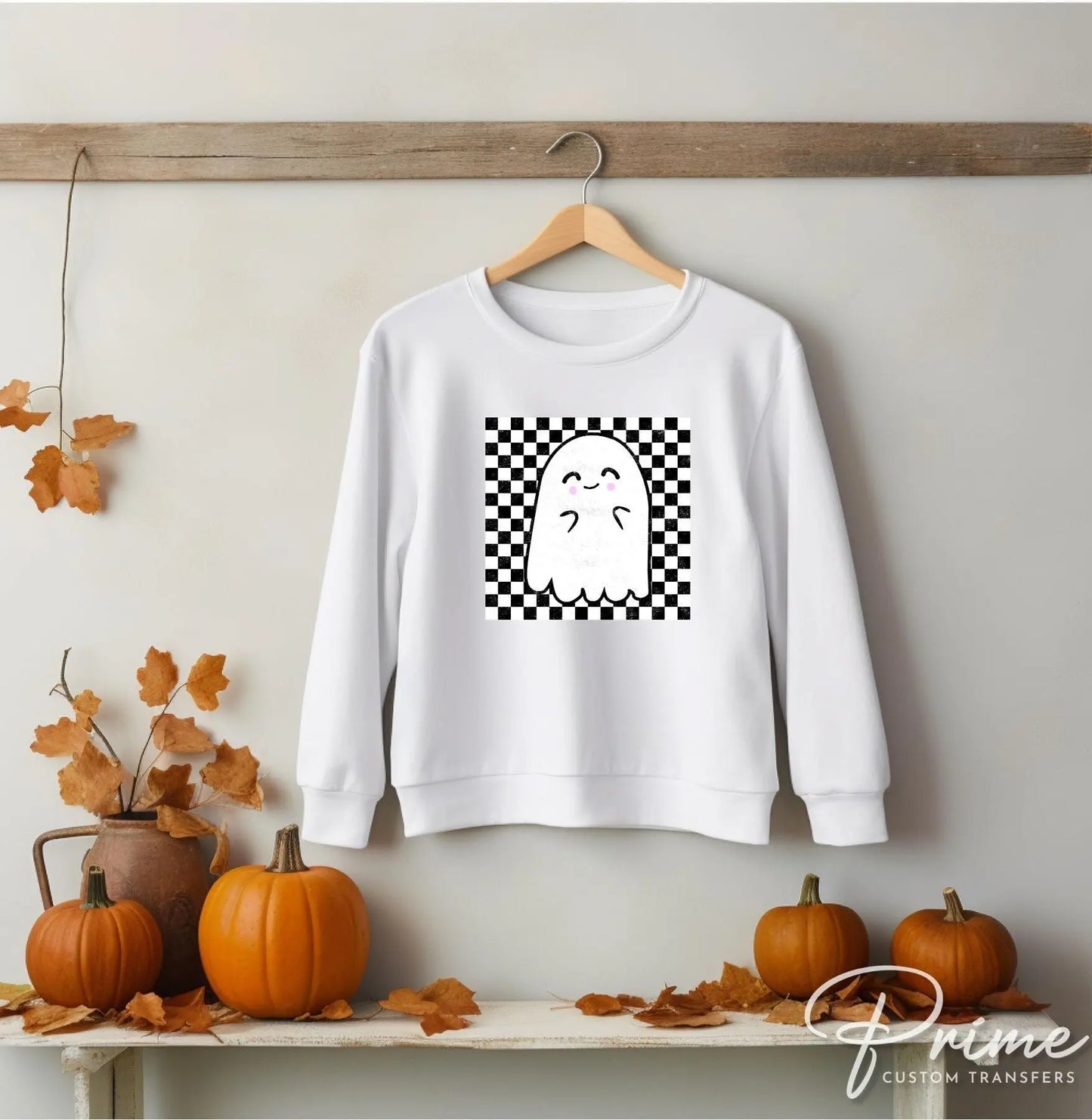 Halloween DTF Transfers, Ready to Press, T-shirt Transfers, Heat Transfer, Direct to Film, Fall, Autumn, Cute Trendy, Checkered Ghost