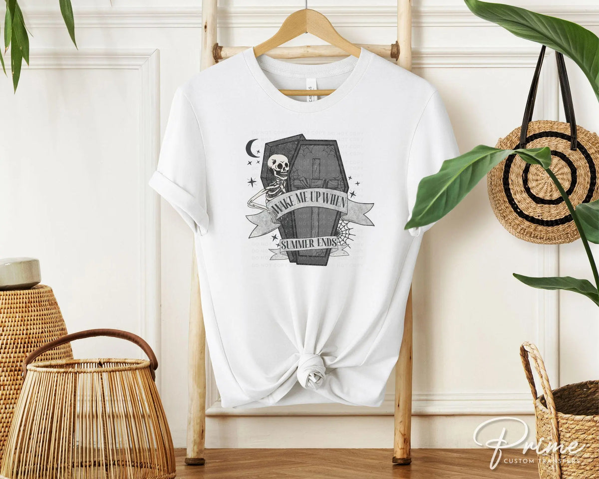 Halloween DTF Transfers, Ready to Press, T-shirt Transfers, Heat Transfer, Direct to Film, Skeleton, Skull, Wake Me Up When Summer Ends