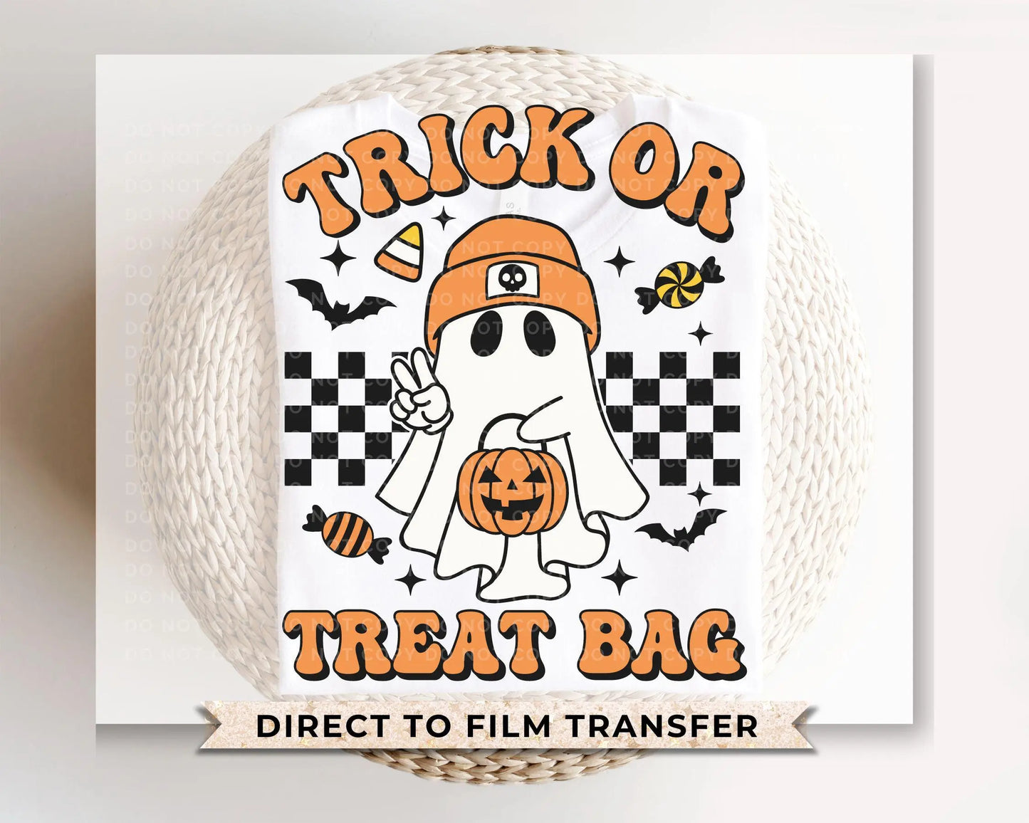 Halloween DTF Transfers, Ready to Press, T-shirt Transfers, Heat Transfer, Direct to Film, Trick or Treat Tote Bag, Decal, Candy, Ghost