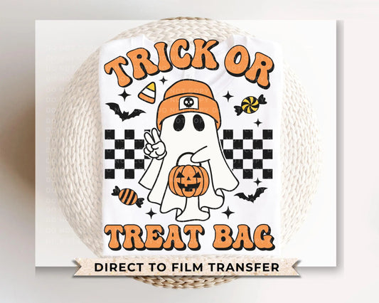 Halloween DTF Transfers, Ready to Press, T-shirt Transfers, Heat Transfer, Direct to Film, Trick or Treat Tote Bag, Decal, Candy, Ghost