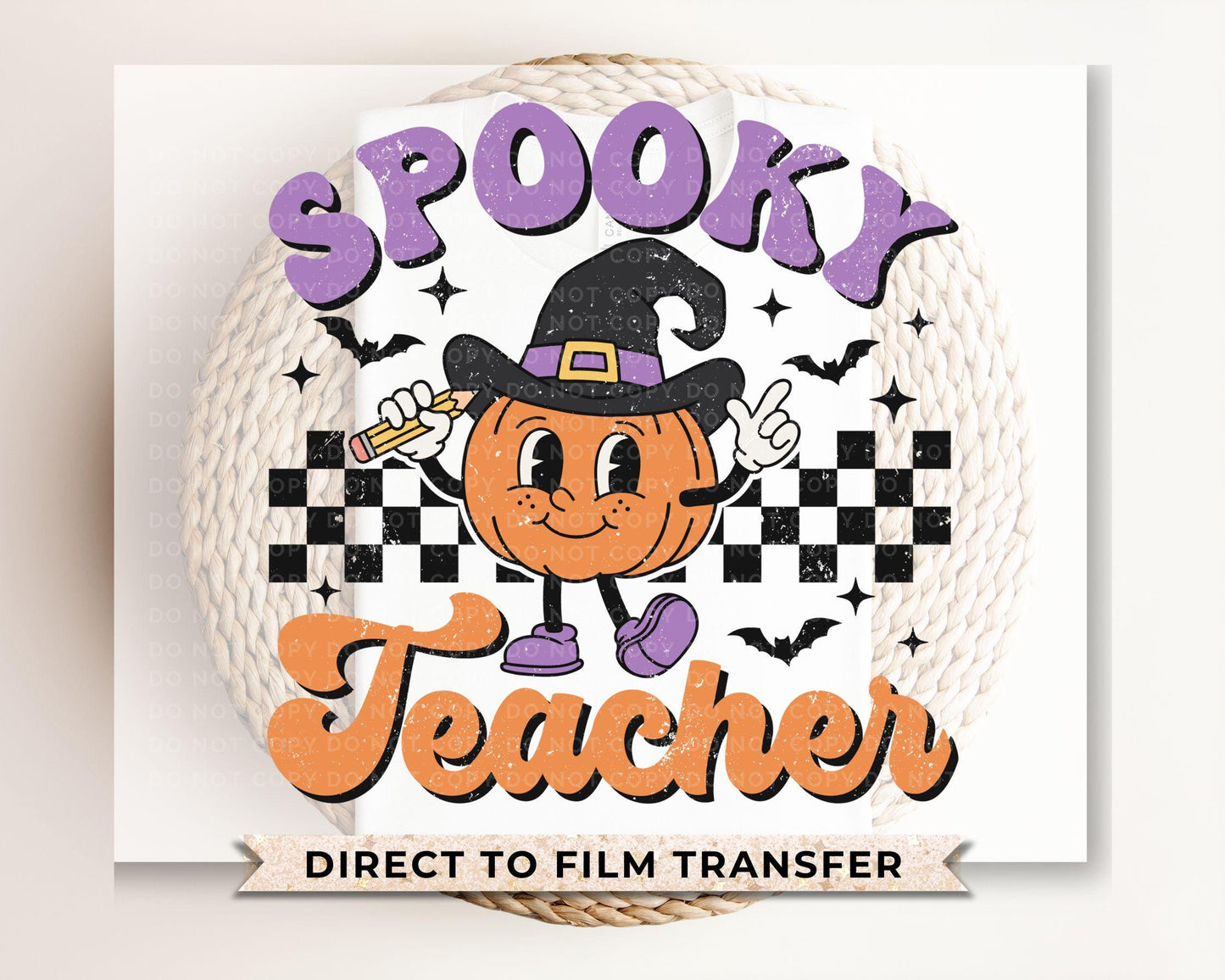 Fall DTF, Ready to Press, DIY T-shirt, Heat Transfer, Direct to Film, Cold Peel, Halloween, Gift for her, Witch, Checkered, Spooky Teacher