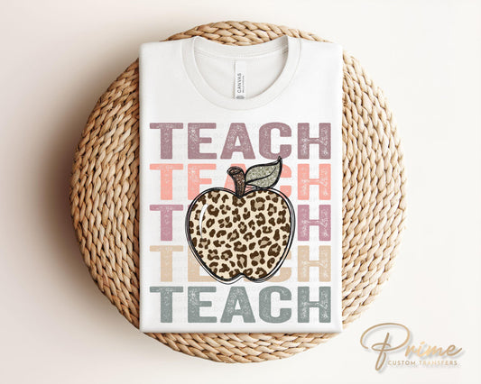 Teacher DTF transfer, First Day of School, Heat Transfer, Ready to Press, Direct to Film, Preschool, Teach Apple Stacked Cheetah Leopard