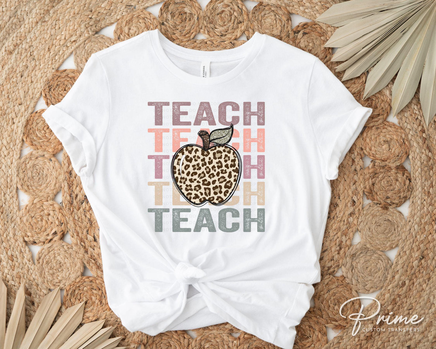 Teacher DTF transfer, First Day of School, Heat Transfer, Ready to Press, Direct to Film, Preschool, Teach Apple Stacked Cheetah Leopard