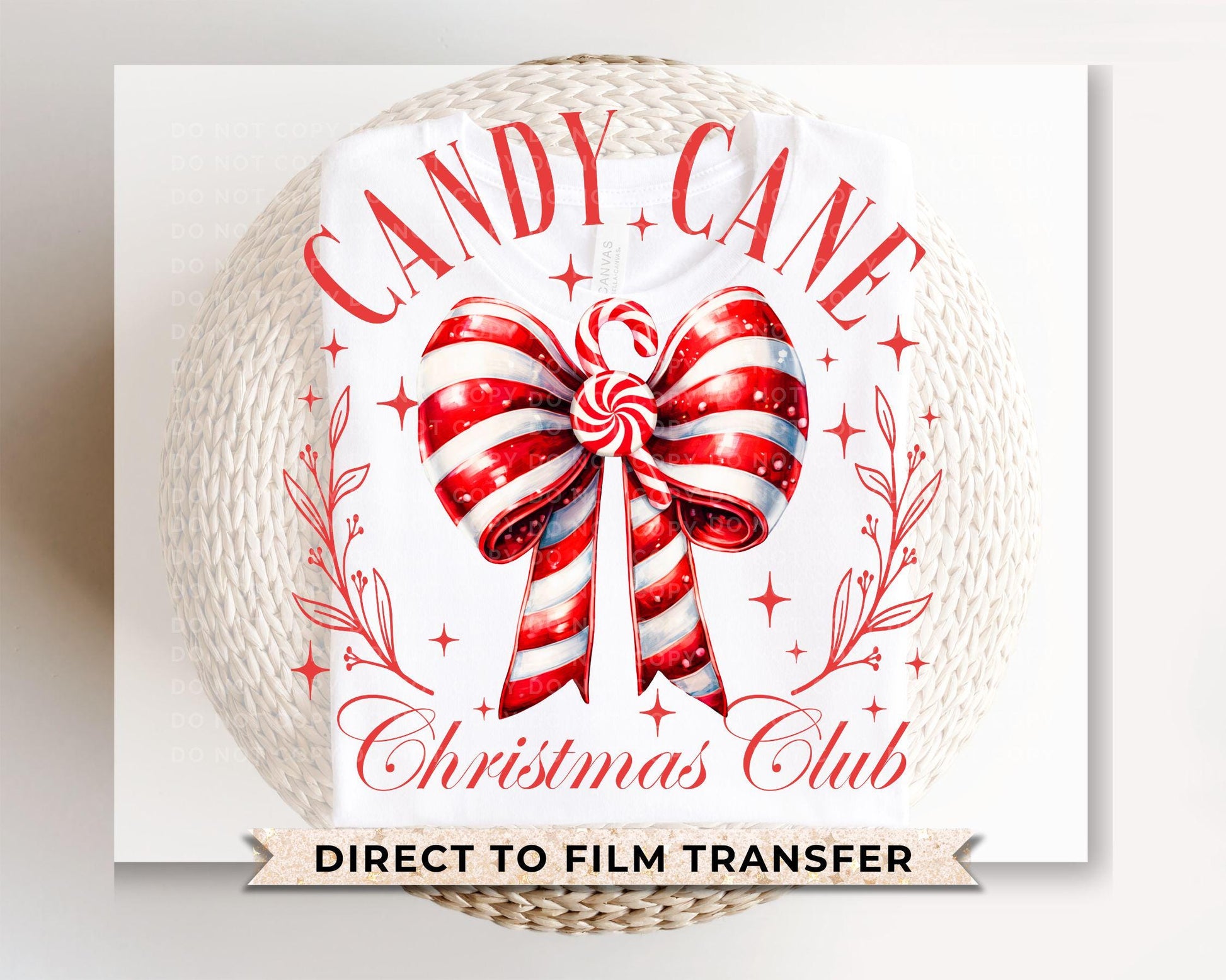 Christmas DTF Transfers, Ready to Press, T-shirt Transfers, Heat Transfer, Direct to Film, Holiday, Trendy, Cute, Candy Cane Coquette Bow