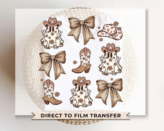 Halloween DTF, Ready to Press, T-shirt Transfers, Heat Transfer, Direct to Film, Fall, Ghostie, Ghost Cowboy, Bows, Western, Trendy