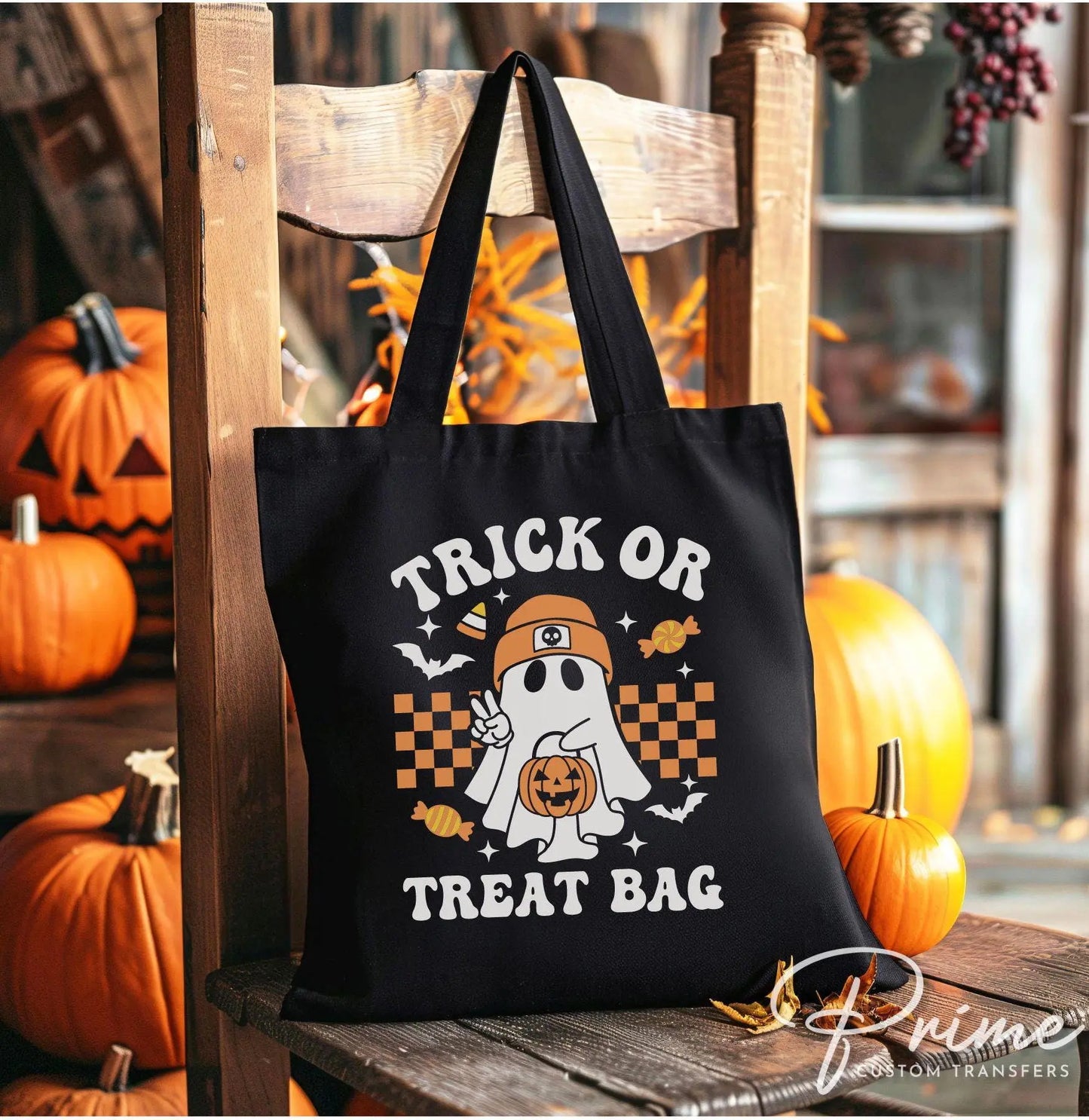 Halloween DTF Transfers, Ready to Press, T-shirt Transfers, Heat Transfer, Direct to Film, Trick or Treat Tote Bag, Decal, Candy, Ghost