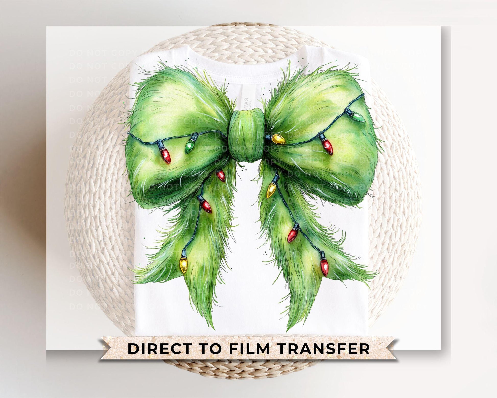 Christmas DTF Transfers, Ready to Press, T-shirt Transfers, Heat Transfer, Direct to Film, Holiday, Green Fur, Coquette Bow, Lights, Trendy