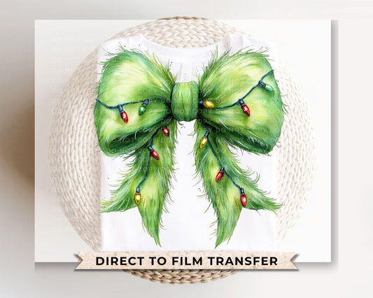 Christmas DTF Transfers, Ready to Press, T-shirt Transfers, Heat Transfer, Direct to Film, Holiday, Green Fur, Coquette Bow, Lights, Trendy