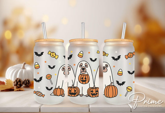 Halloween UV DTF Libbey 16oz Cup Wrap Sticker, Ready to Ship, Direct to Film, Glass Can, Fall, Permanent, Pet Lover, Pumpkin, Halloween Dogs