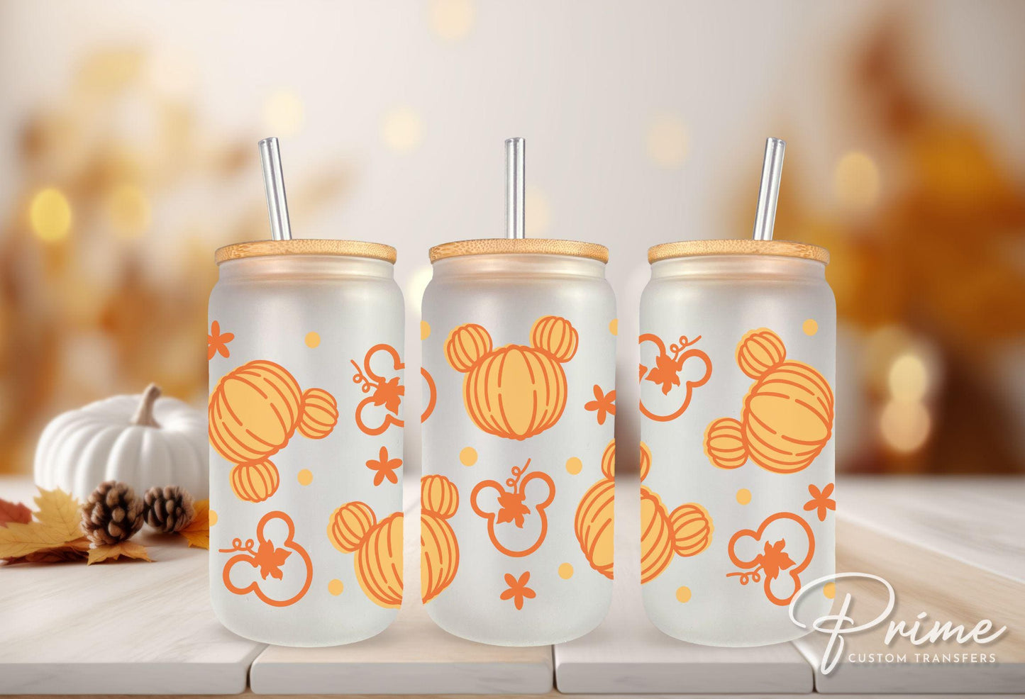 Halloween UV DTF Libbey 16oz Cup Wrap Sticker, Ready to Ship, Direct to Film, Glass Can, Fall, Permanent, Autumn, Flower, Pumpkin Mouse