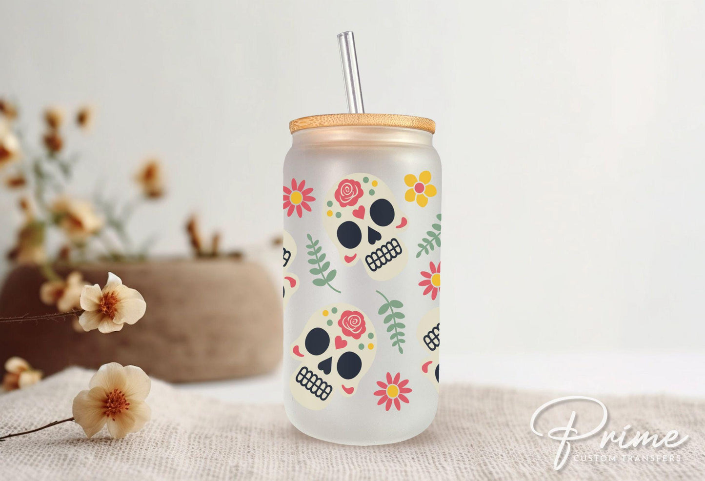 Halloween UV DTF Libbey 16oz Cup Wrap Sticker, Ready to Ship, Direct to Film, Glass Can, Permanent, Mexican Day Of The Dead, Sugar Skull