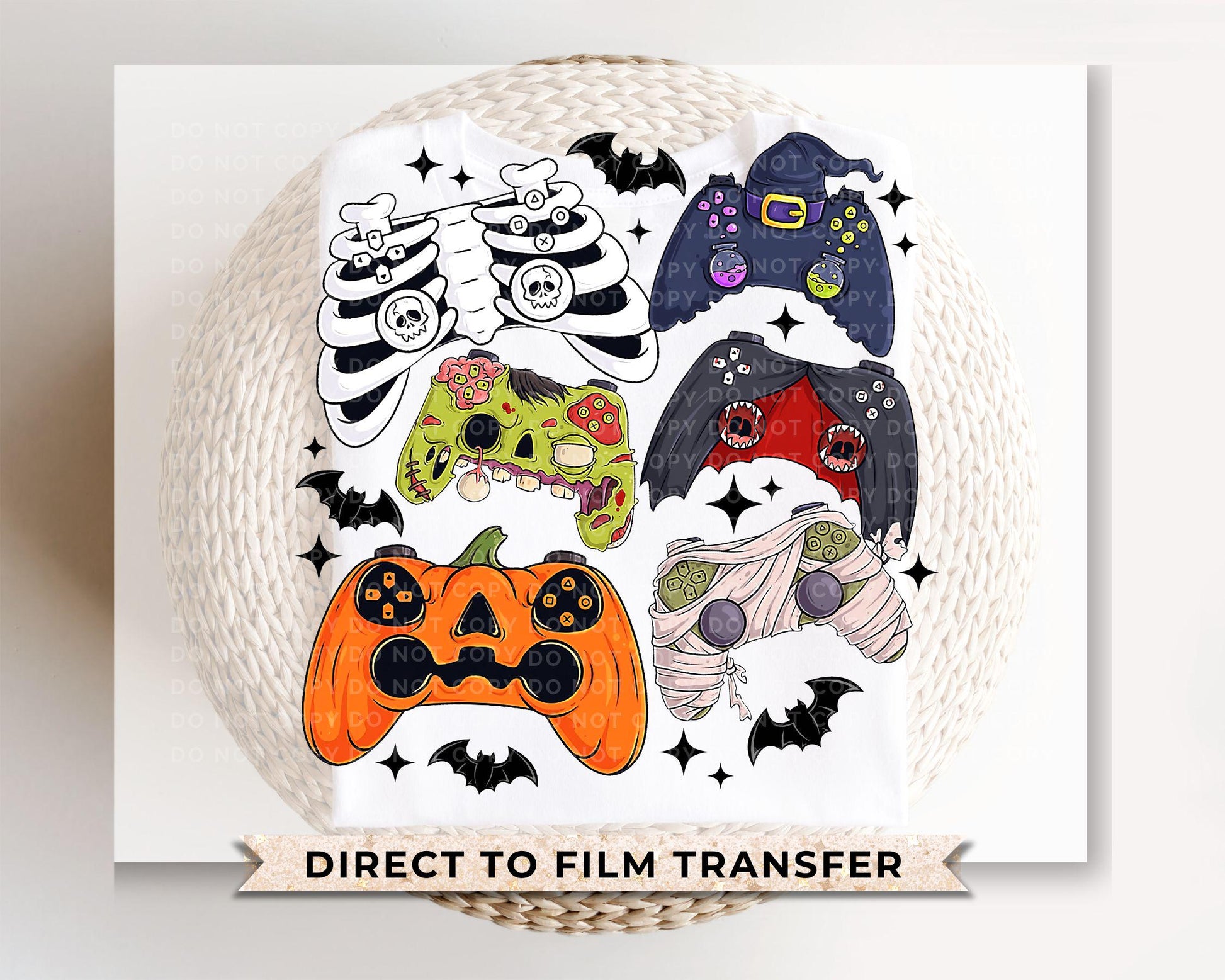 Halloween DTF Transfers, Ready to Press, T-shirt Transfers, Heat Transfer, Direct to Film, Skeleton Zombie, Video Games, Gaming Controller