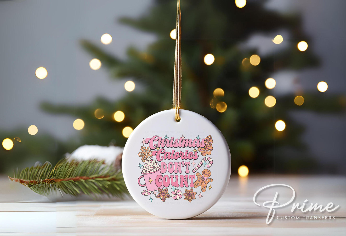 Christmas UV DTF Sticker for Ornaments, Ready to Apply, No Heat Needed, Permanent Adhesive, Waterproof, Decal, Christmas Calories Pink