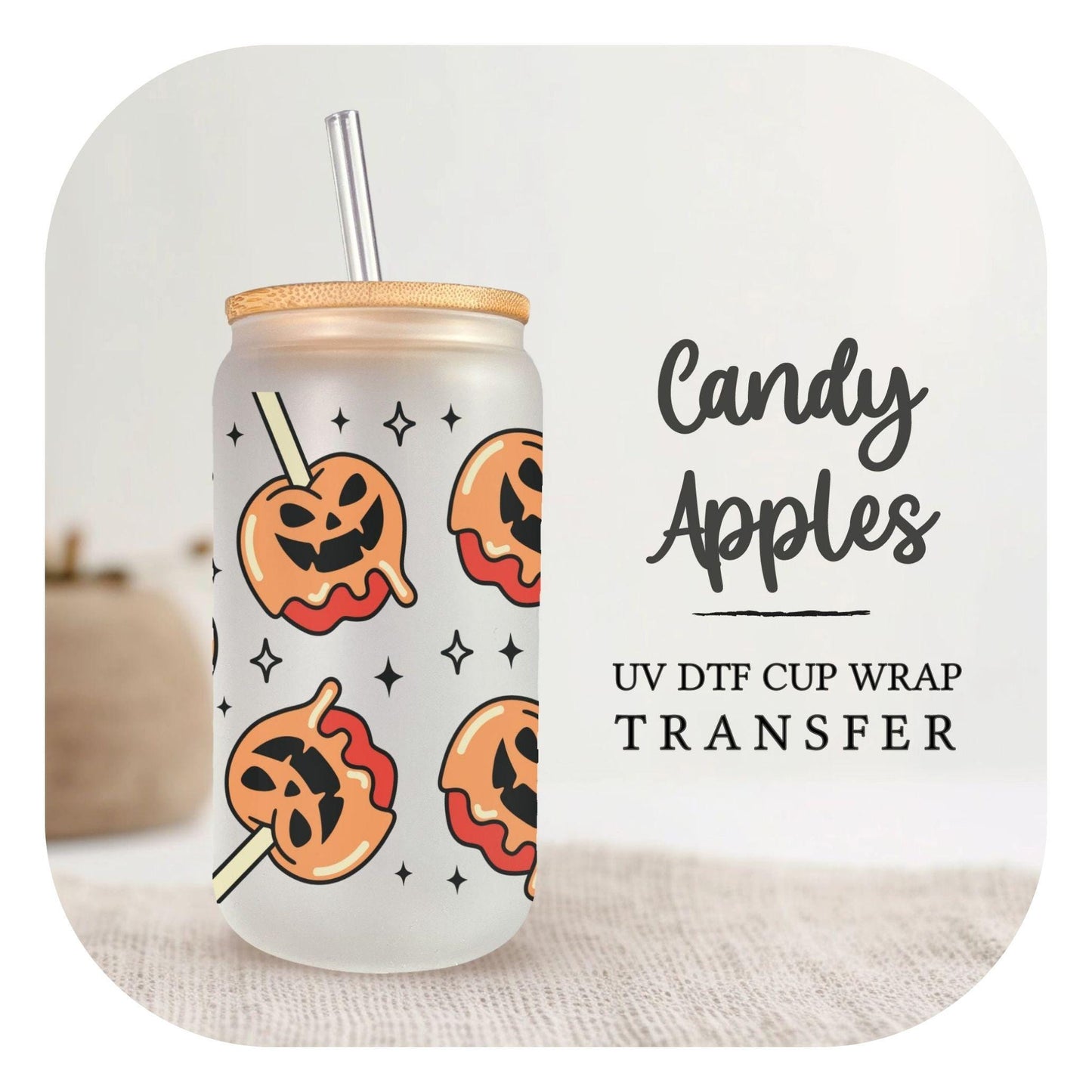 Halloween UV DTF Libbey 16oz Cup Wrap Sticker, Ready to Ship, Direct to Film, Glass Can, Fall, Permanent, Pumpkins, Autumn, Candy Apples