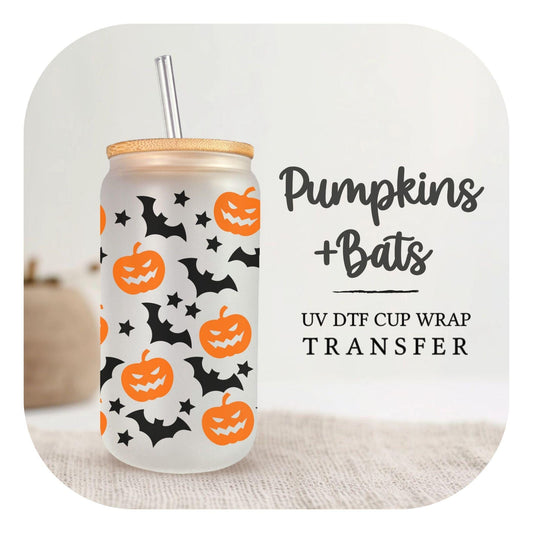 Halloween UV DTF Libbey 16oz Cup Wrap Sticker, Ready to Ship, Direct to Film, Glass Can, Fall, Permanent, Pumpkins and Bats