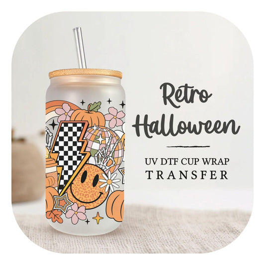 Fall UV DTF Libbey 16oz Cup Wrap Sticker, Ready to Ship, Direct to Film, Glass Can, Fall, Halloween, Permanent, Retro Halloween