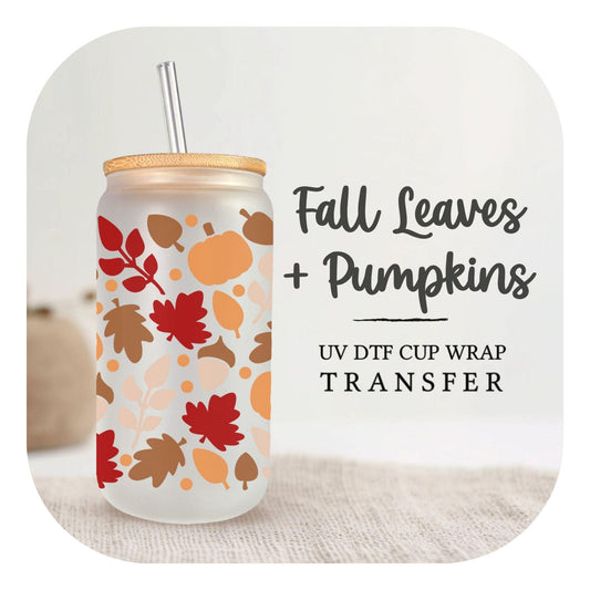 Fall UV DTF Libbey 16oz Cup Wrap Sticker, Ready to Ship, Direct to Film, Glass Can, Halloween, Permanent, Fall Leaves and Pumpkins