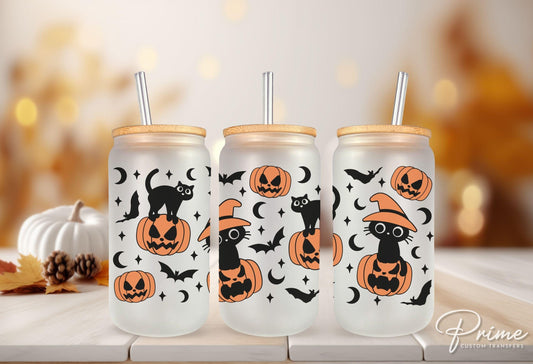 Halloween UV DTF Libbey 16oz Cup Wrap Sticker, Ready to Ship, Direct to Film, Glass Can, Fall, Bats, Permanent, Pumpkins and Black Cats