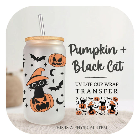 Halloween UV DTF Libbey 16oz Cup Wrap Sticker, Ready to Ship, Direct to Film, Glass Can, Fall, Bats, Permanent, Pumpkins and Black Cats