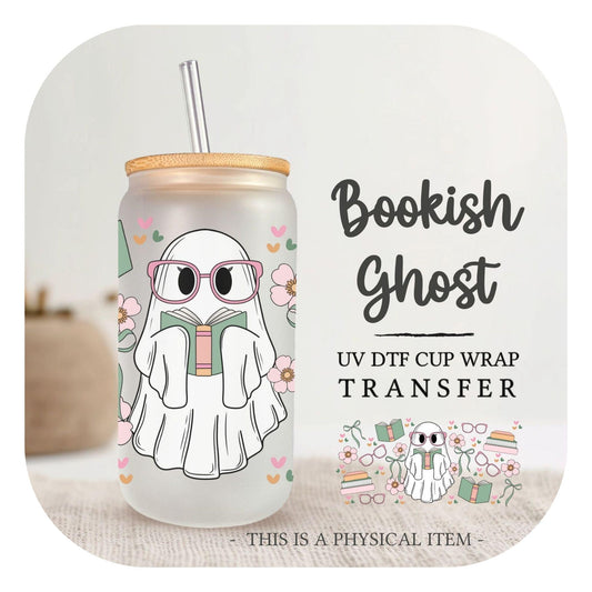 Halloween UV DTF Libbey 16oz Cup Wrap Sticker, Ready to Ship, Direct to Film, Glass Can, Fall, Permanent, Cute, Book Lover, Bookish Ghost