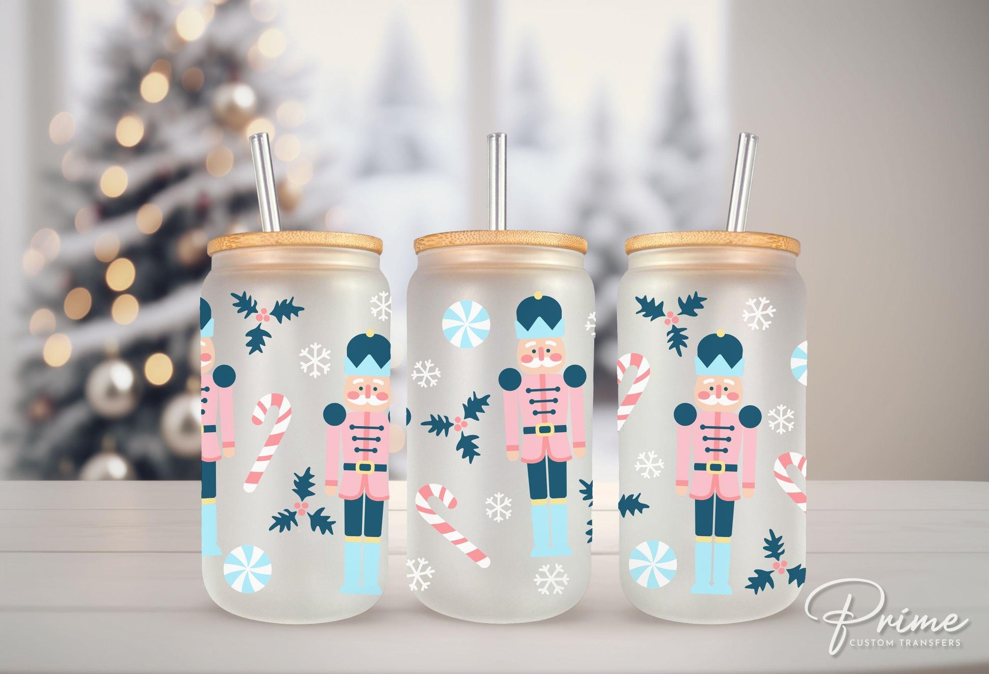 Christmas UV DTF Libbey 16oz Cup Wrap Sticker, Ready to Apply, No Heat, Permanent Adhesive, Waterproof, Glass Can, Holiday, Pink Nutcracker