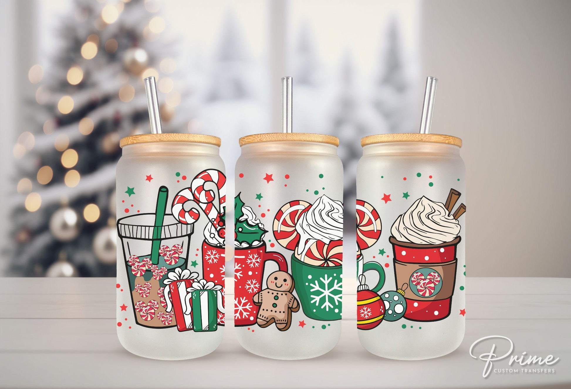 Christmas UV DTF Libbey 16oz Cup Wrap Sticker, Ready to Apply, No Heat, Permanent Adhesive, Waterproof, Glass Can, Cocoa, Lattes, Coffees