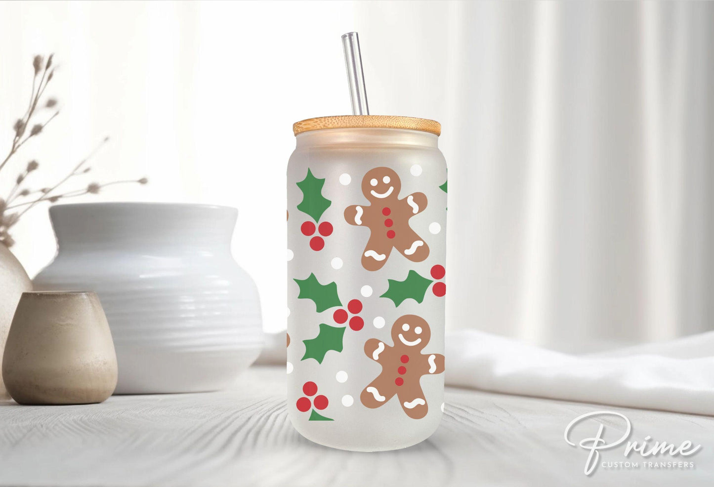Christmas UV DTF Libbey 16oz Cup Wrap Sticker, Ready to Ship, rts, Direct to Film, Glass Can, Permanent, Cookies, Gingerbread and Holly