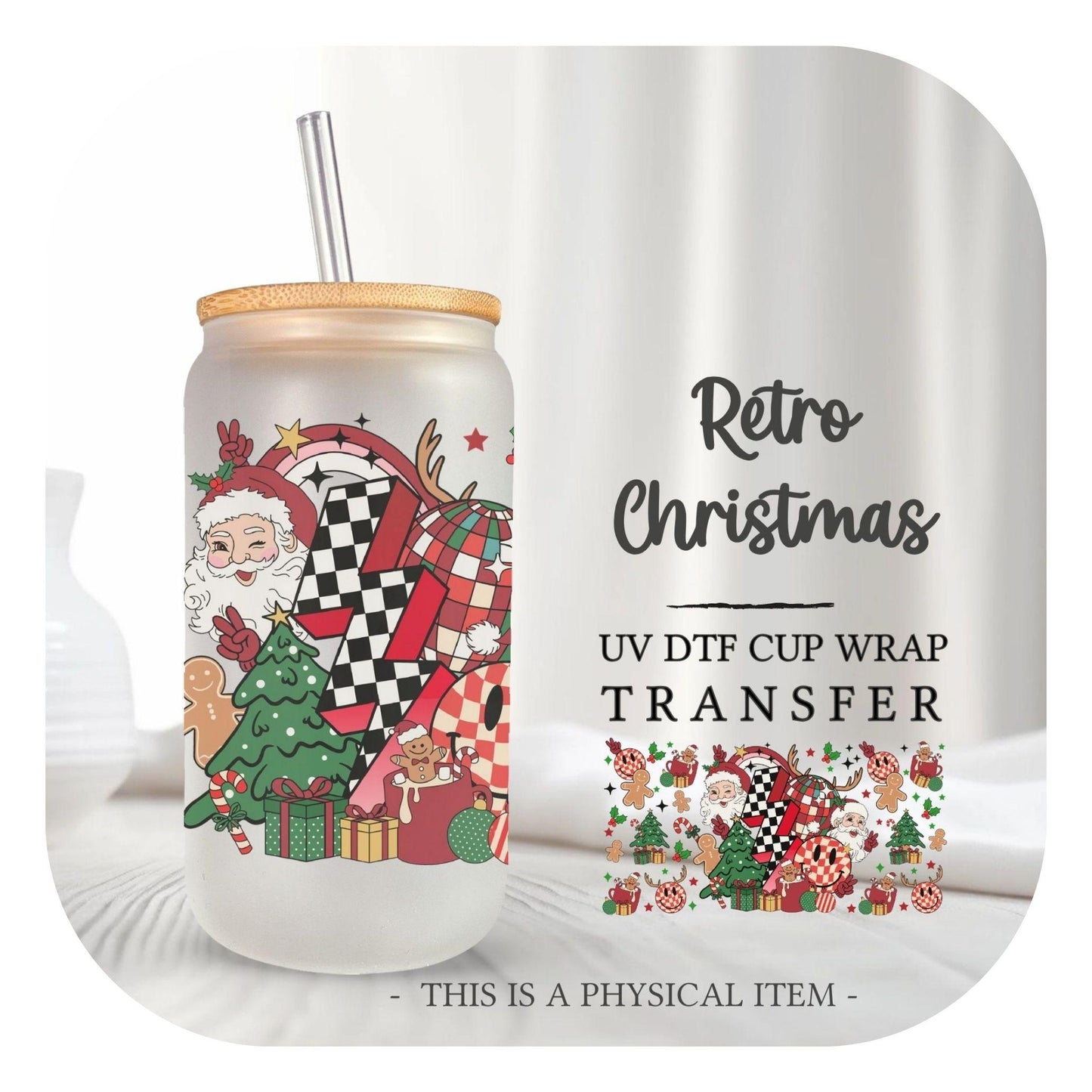 Christmas UV DTF Libbey 16oz Cup Wrap Sticker, Ready to Apply, No Heat, Permanent Adhesive, Waterproof, Glass Can, Vintage, Retro Christmas