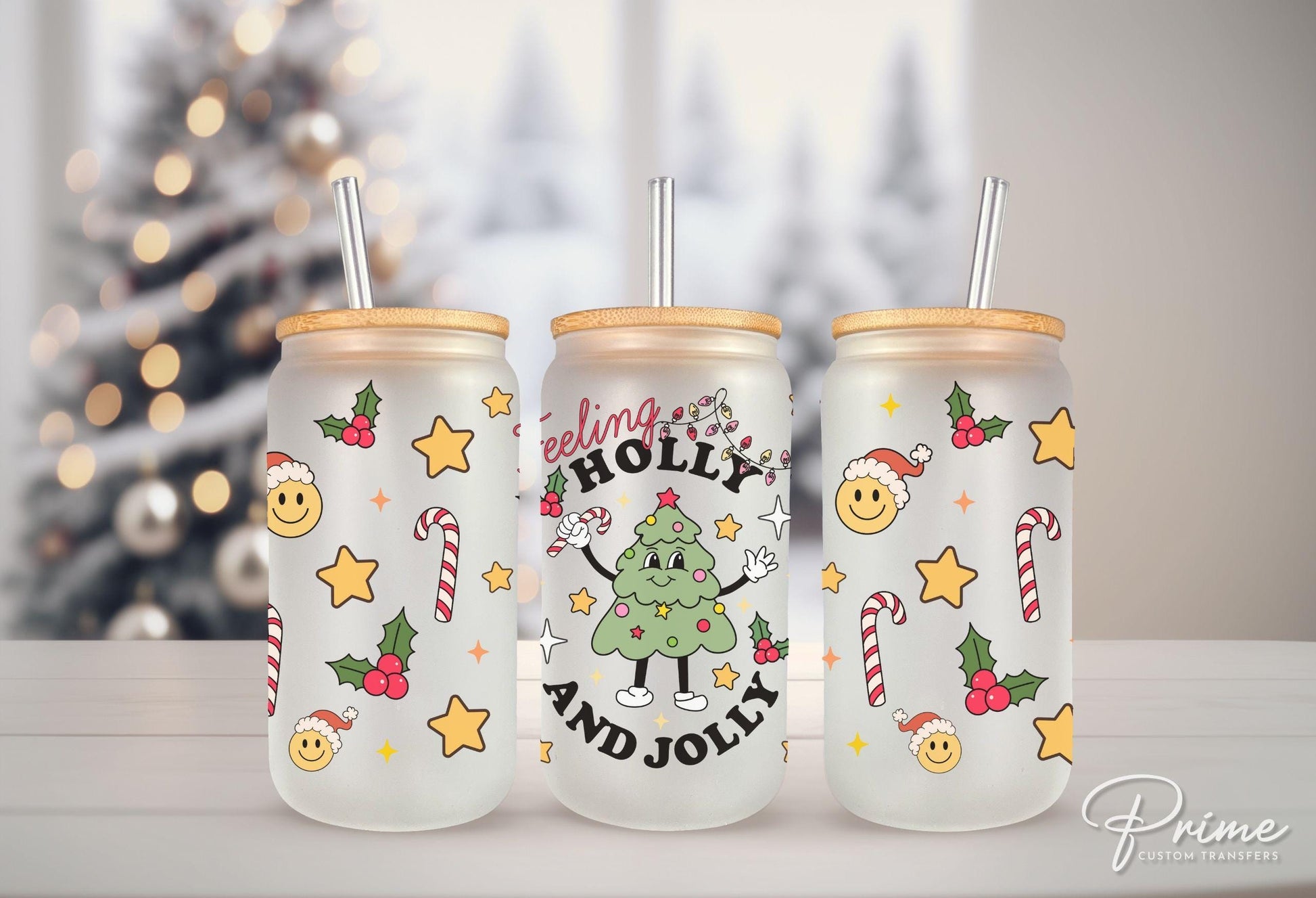 Christmas UV DTF Libbey 16oz Cup Wrap Sticker, Ready to Apply, No Heat, Permanent Adhesive, Waterproof, Glass Can, Tree, Feeling Holly Jolly