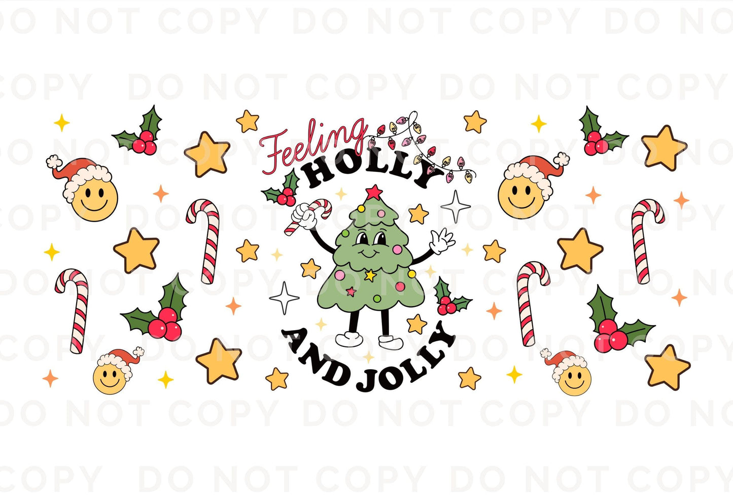 Christmas UV DTF Libbey 16oz Cup Wrap Sticker, Ready to Apply, No Heat, Permanent Adhesive, Waterproof, Glass Can, Tree, Feeling Holly Jolly