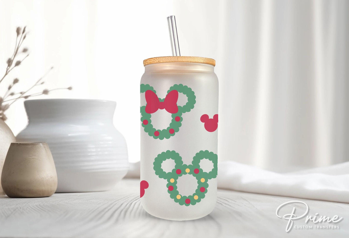 Christmas UV DTF Libbey 16oz Cup Wrap Sticker, Ready to Apply, No Heat, Permanent Adhesive, Waterproof, Glass Can, Christmas Mouse Wreath