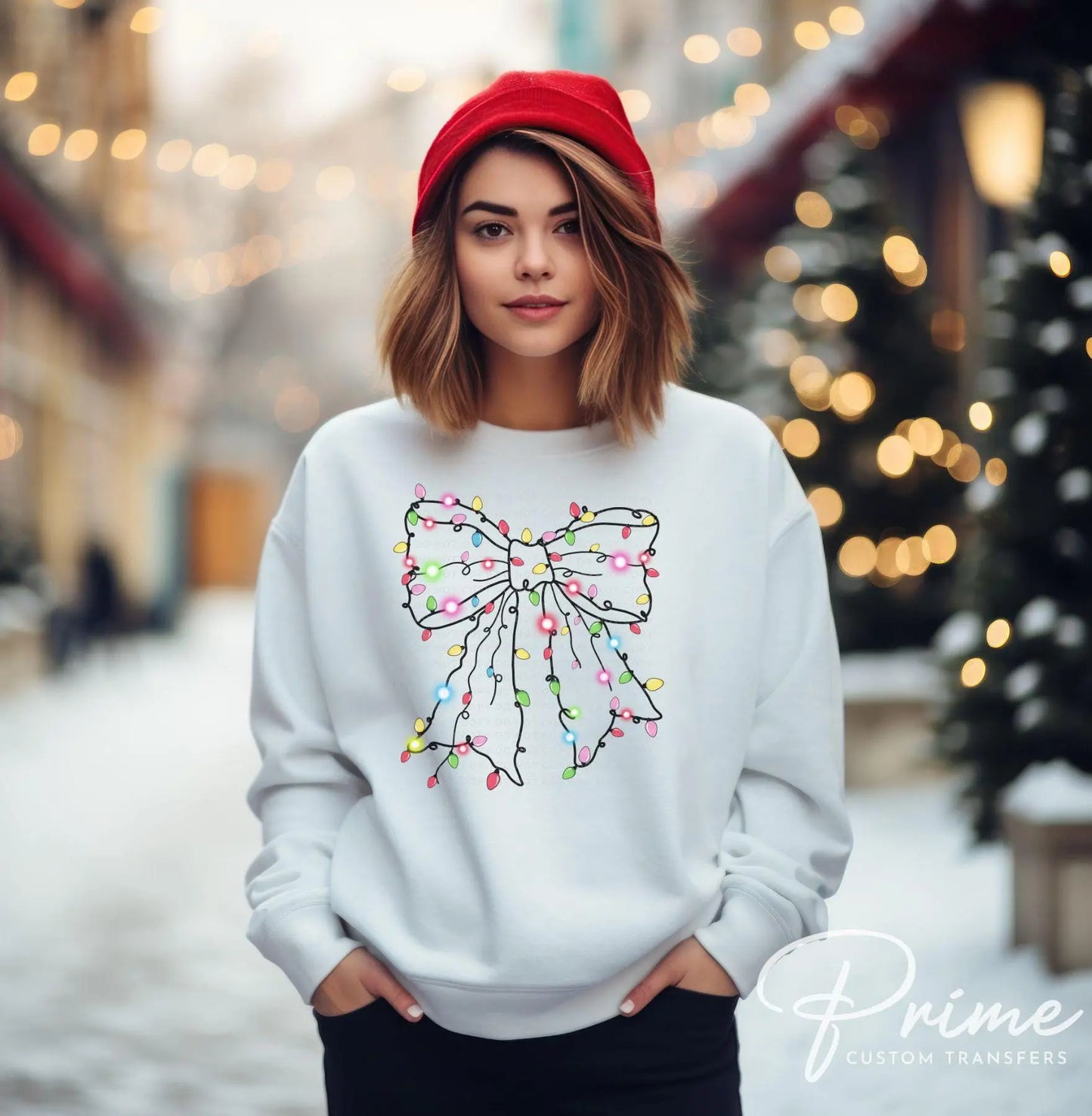 Christmas DTF Transfers, Ready to Press, T-shirt Transfers, Heat Transfer, Direct to Film, Holiday, Girly, Coquette Christmas Light Bow