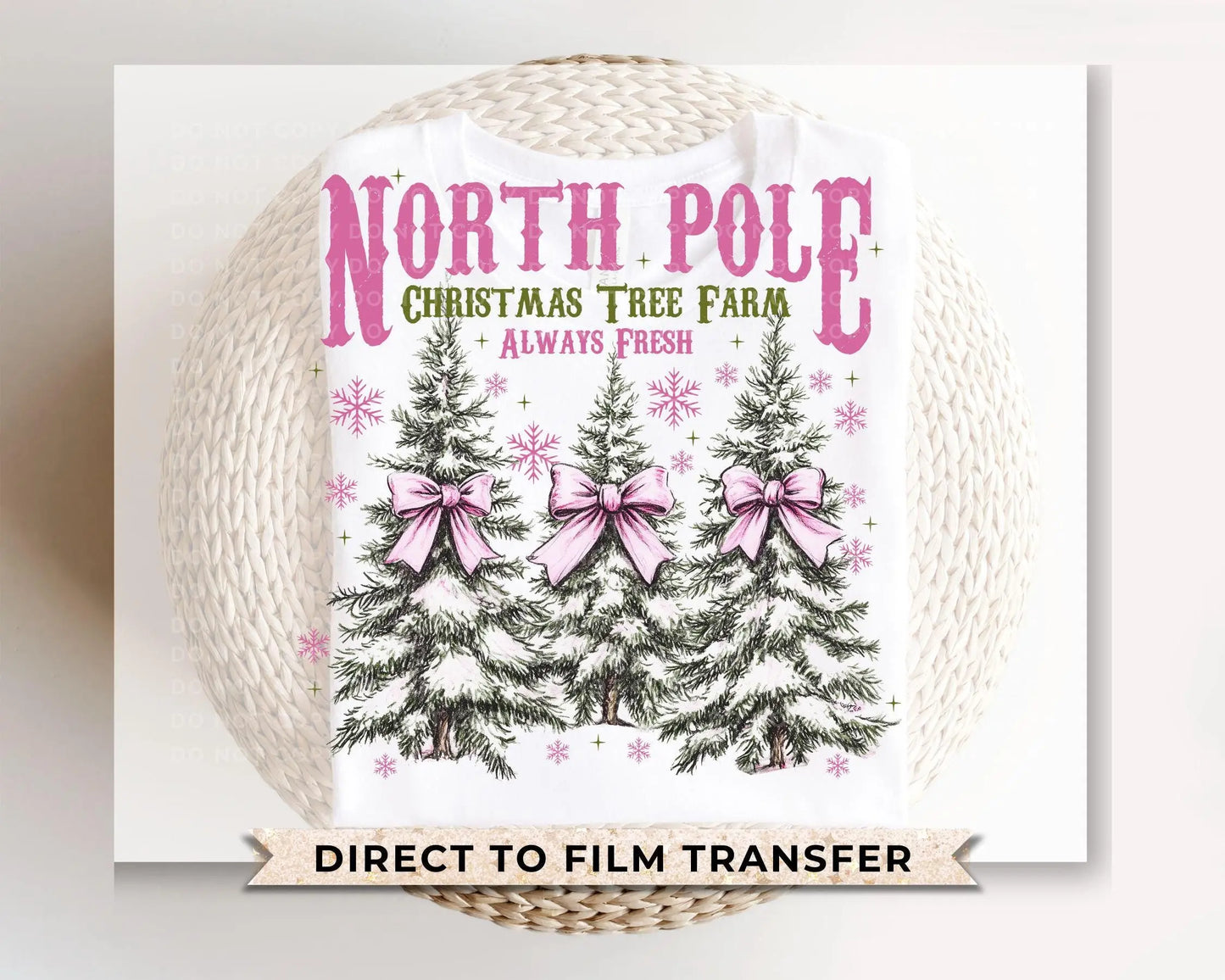 Christmas DTF Transfers, Ready to Press, T-shirt Transfers, Heat Transfer, Direct to Film, Holiday, Pink, Christmas Trees Farm Coquette Bows
