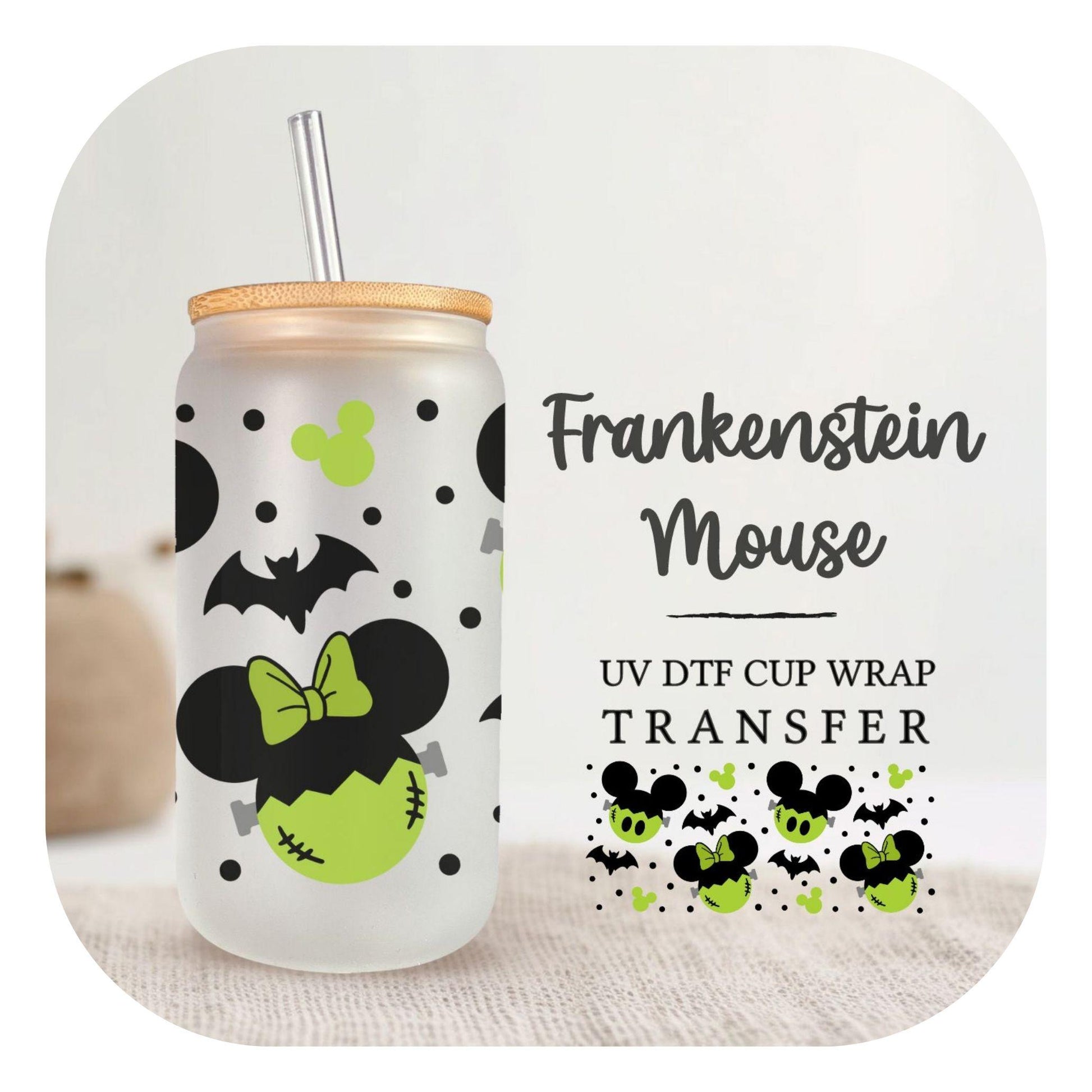 Halloween UV DTF Libbey 16oz Cup Wrap Sticker, Ready to Ship, Direct to Film, Glass Can, Fall, Permanent, Frankenstein Mouse, Ears