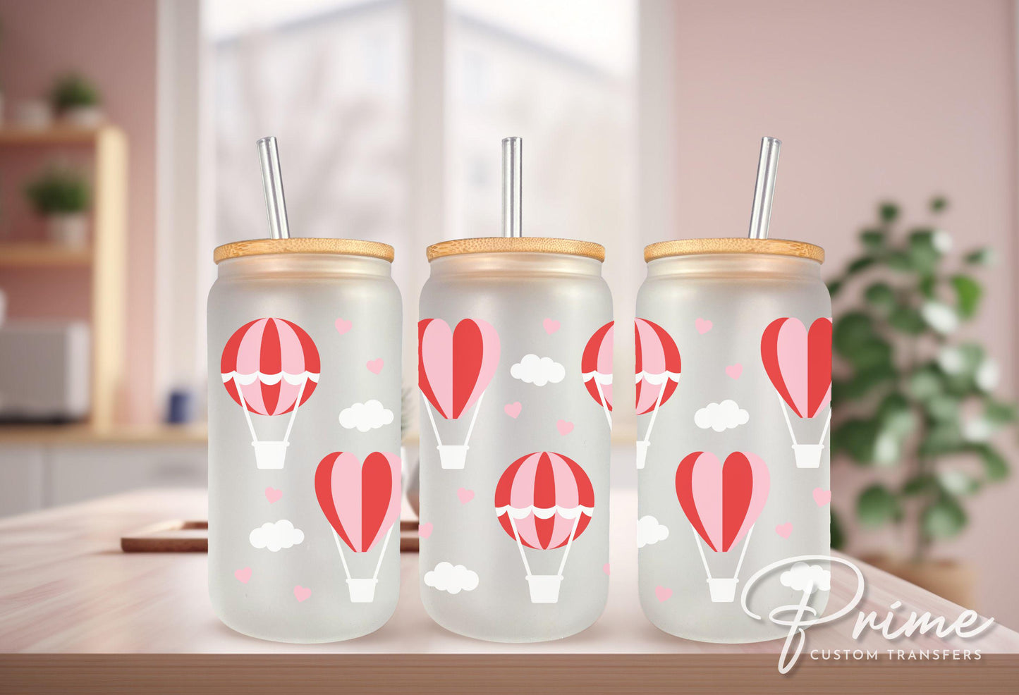 Valentine's Day UV DTF Libbey 16oz Cup Wrap Sticker, Ready to Apply, No Heat, Permanent Adhesive, Waterproof, Glass Can, Hot Air Balloons