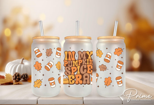 Halloween UV DTF Libbey 16oz Cup Wrap Sticker, Ready to Ship, rts, Direct to Film, Glass Can, Fall, Permanent, In My Pumpkin Spice Era