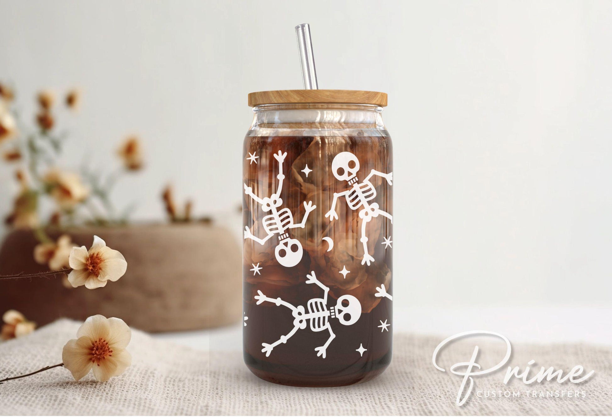 Halloween UV DTF Libbey 16oz Cup Wrap Sticker, Ready to Ship, rts, Direct to Film, Glass Can, Fall, Permanent, Autumn, Cute Skeletons