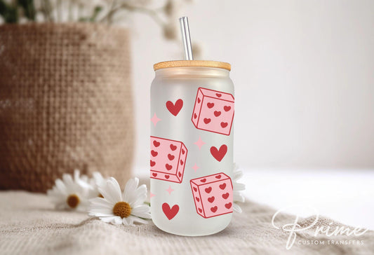 Valentine's Day UV DTF Libbey 16oz Cup Wrap Sticker, Ready to Apply, No Heat, Permanent Adhesive, Waterproof, Glass Can, Love, Cute Dice