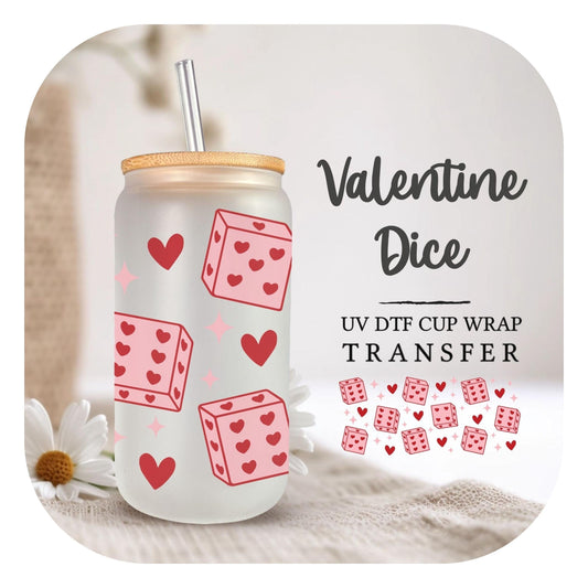 Valentine's Day UV DTF Libbey 16oz Cup Wrap Sticker, Ready to Apply, No Heat, Permanent Adhesive, Waterproof, Glass Can, Love, Cute Dice