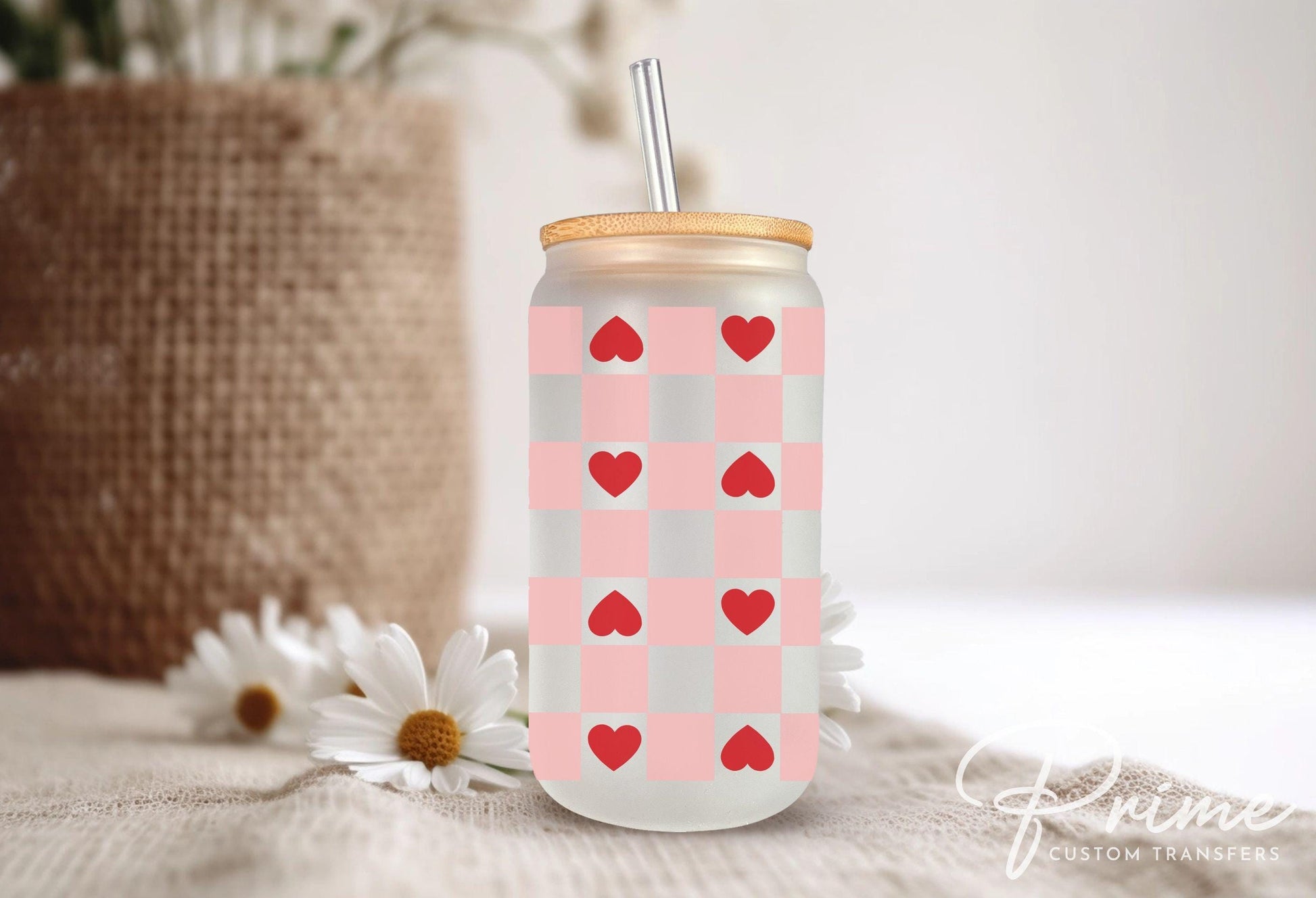 Valentine's Day UV DTF Libbey 16oz Cup Wrap Sticker, Ready to Apply, No Heat, Permanent Adhesive, Waterproof, Glass Can, Checkered Hearts