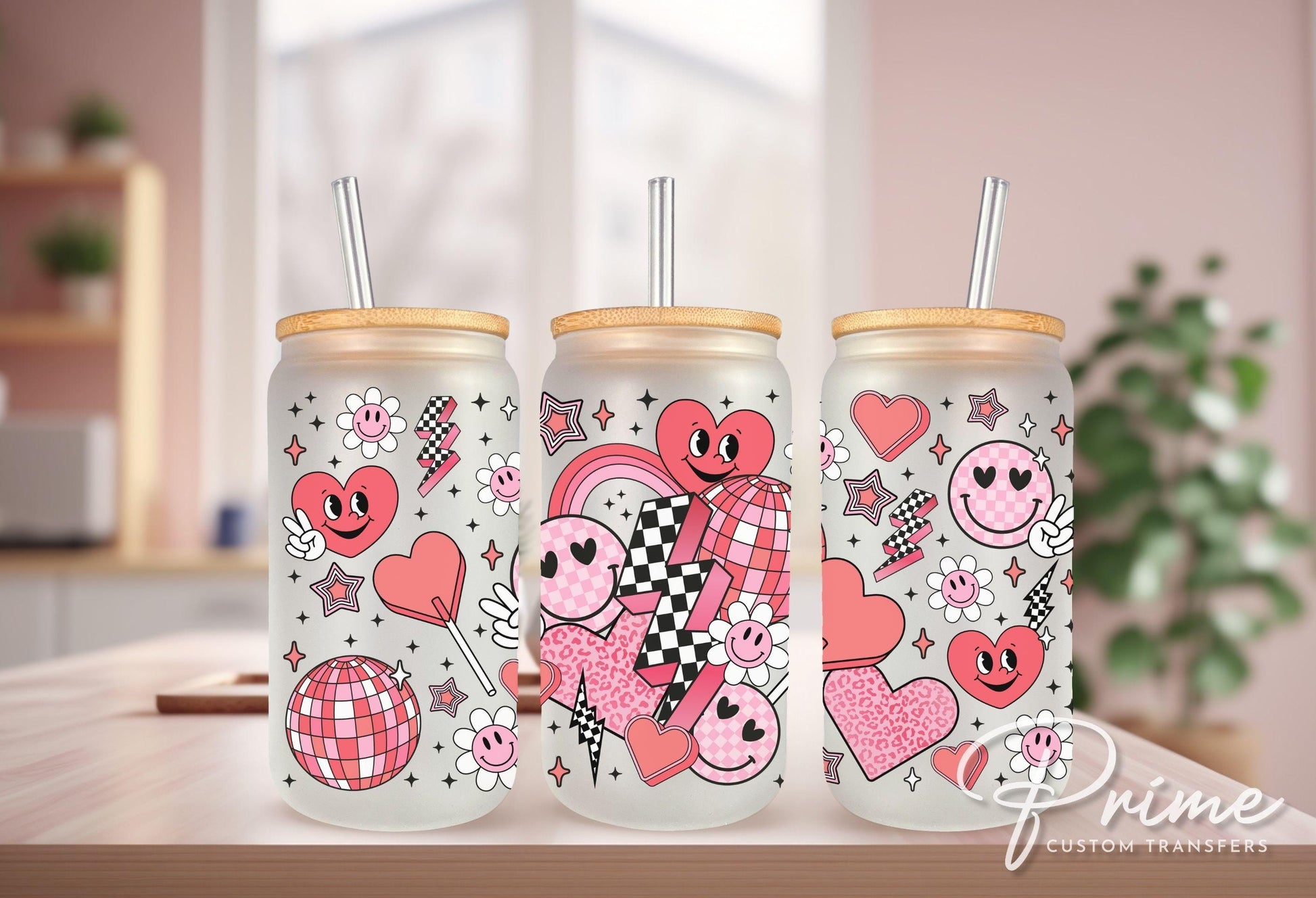 Valentine's Day UV DTF Libbey 16oz Cup Wrap Sticker, Ready to Apply, No Heat, Permanent Adhesive, Waterproof, Glass Can, Holiday, Retro Love