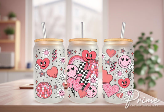 Valentine's Day UV DTF Libbey 16oz Cup Wrap Sticker, Ready to Apply, No Heat, Permanent Adhesive, Waterproof, Glass Can, Holiday, Retro Love