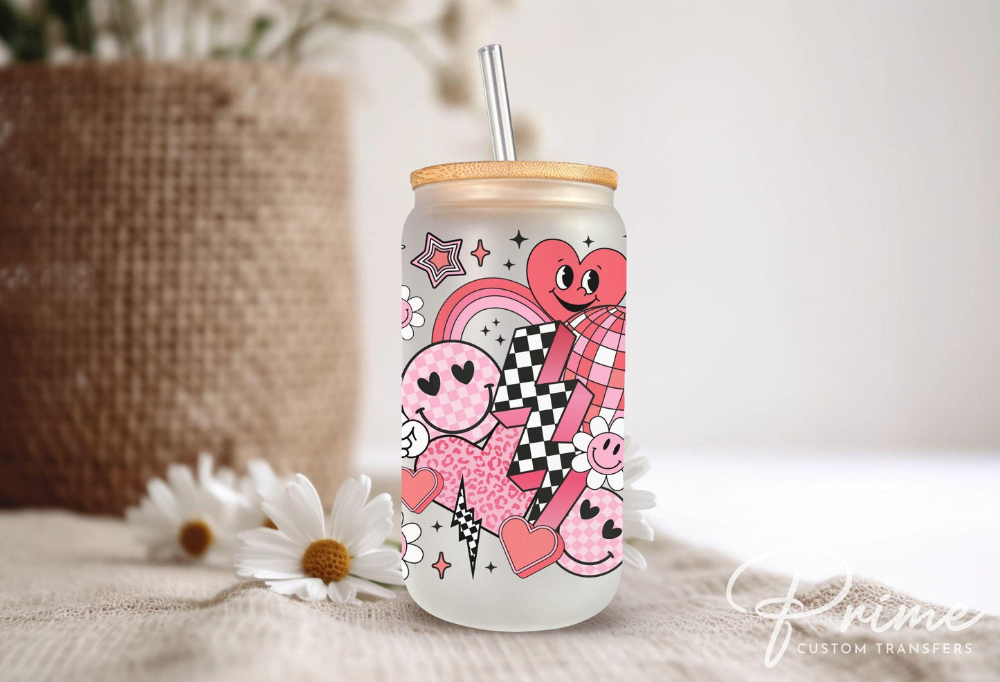 Valentine's Day UV DTF Libbey 16oz Cup Wrap Sticker, Ready to Apply, No Heat, Permanent Adhesive, Waterproof, Glass Can, Holiday, Retro Love