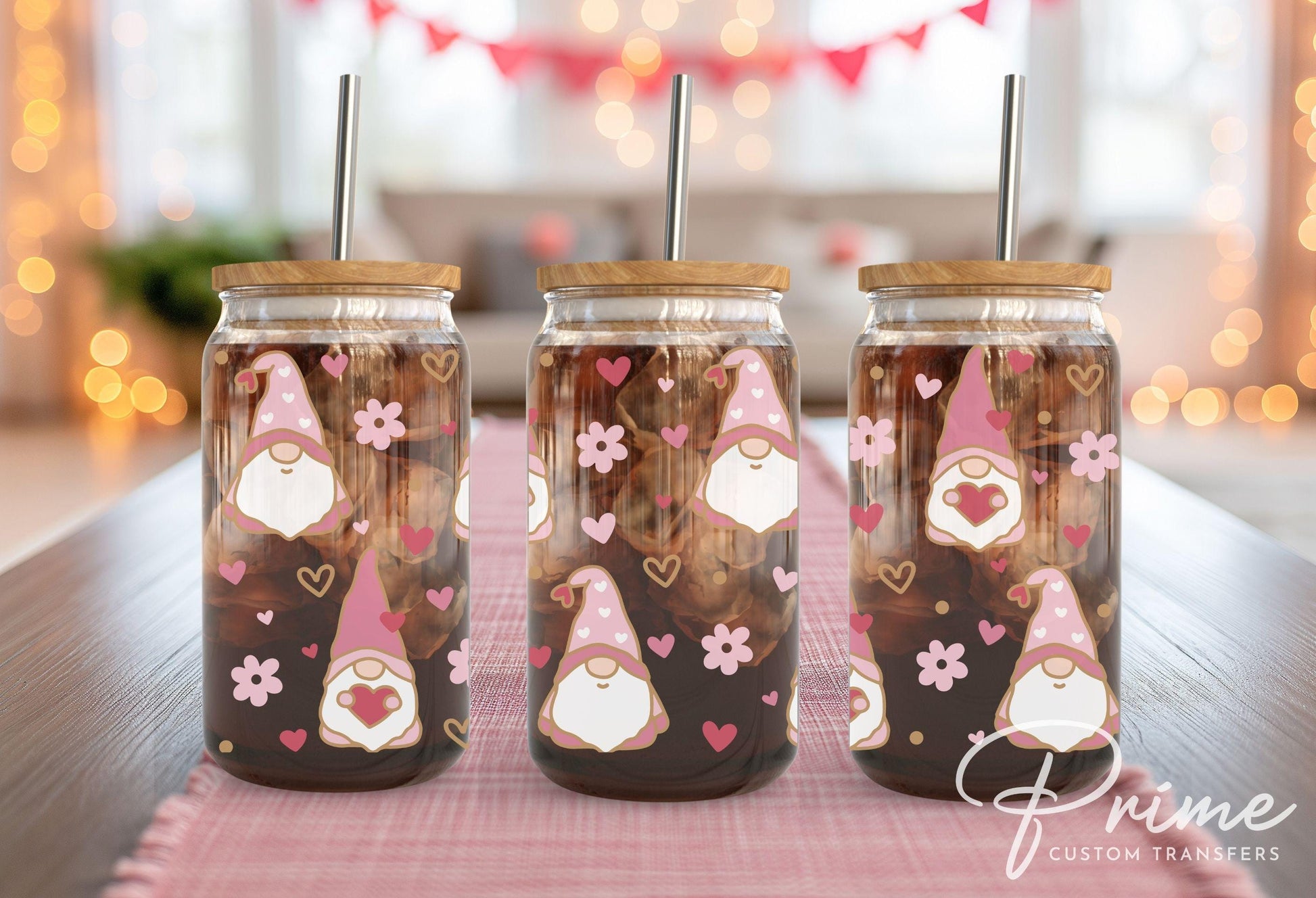 Valentine's Day UV DTF 16oz Libbey Cup Wrap Sticker, Ready To Apply, Direct to Film, Glass Can, Permanent, Waterproof, Holiday, Pink Gnome